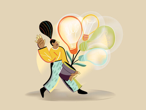Person growing light bulbs as ideas, creativity and innovation concept