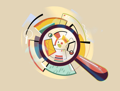Magnifying glass focusing on abstract data, analysis and research