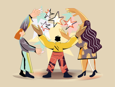 People reaching for stars, teamwork success and motivation concept