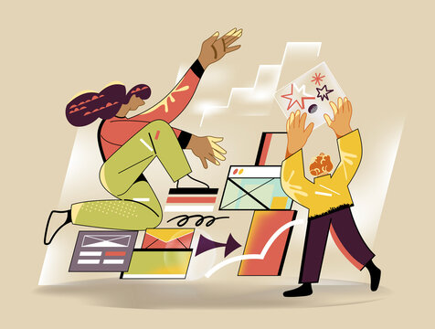 Creative team designing digital interface, UX UI collaboration concept