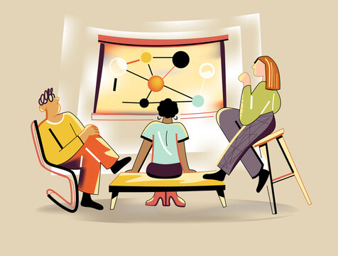 Team watching data presentation, business meeting and analysis