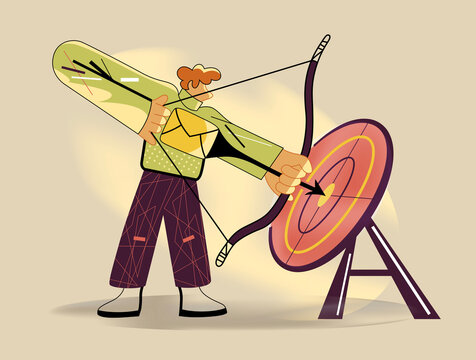 Man shooting arrow hitting target, business goal and success concept
