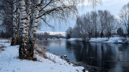 Serene birch tree standing beside a gently flowing river with reflections on calm water, surrounded by lush greenery and soft natural light in a peaceful outdoor landscape