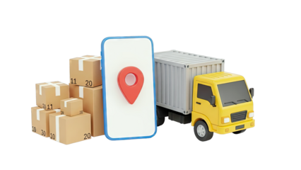 Delivery Service Iconography: Truck, Boxes, and GPS Pin on Phone