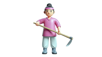 3D Cartoon Farmer with Hoe
