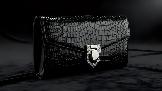 Luxury black crocodile skin purse with silver buckle