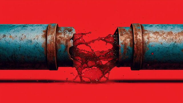 Oil pipeline tension, pipeline sections misaligned and pulling apart, conceptual energy conflict imagery, minimal background, conflict economic news illustration 