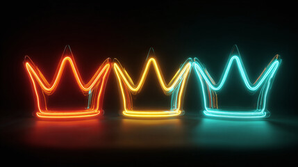 Three neon crowns glowing with vibrant colors in a dark setting, symbolizing royalty and power