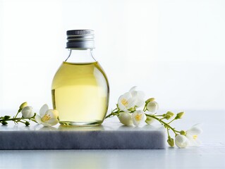 Natural essence oil in clear glass bottle, adorned with delicate white jasmine blossoms on pristine marble slab, evoking organic beauty and serene aromatherapy benefits