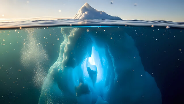 Majestic iceberg partially submerged in ocean with sunlight filtering through water - Powered by Adobe
