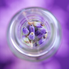 Close-up aerial view of delicate purple lavender flower buds artfully arranged within a clear glass jar, exuding a serene and natural essence with vibrant hues and exquisite detail