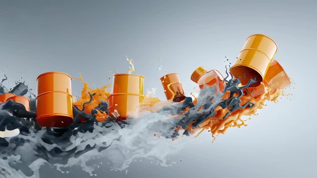 A series of oil barrels are falling into a spray of paint. Oil price war visualization, falling and rising oil barrels clashing in mid air, abstract motion, modern financial editorial design