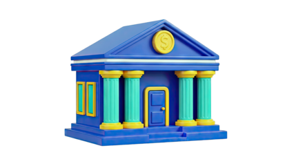3D Cartoon Bank Building with Dollar Coin