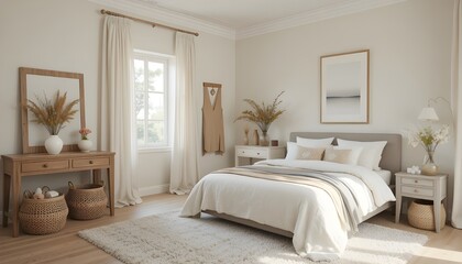 Fototapeta premium Cozy modern bedroom with white bedding and natural light