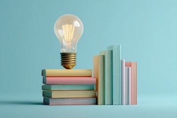 Glowing Lightbulb on Stack of Pastel Books Against Light Blue Background Showing Concept of Education and Ideas with Soft Lighting
