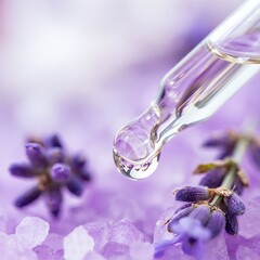 A drop of lavender oil falling from a dropper onto a bed of lavender flowers and crystals, evoking a sense of calm and relaxation