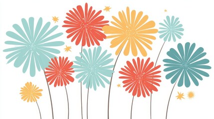 Graphic Floral Design with Red Blue and Yellow Flowers on White Background Celebration Illustration Decorative Art for Print and Web Design Element