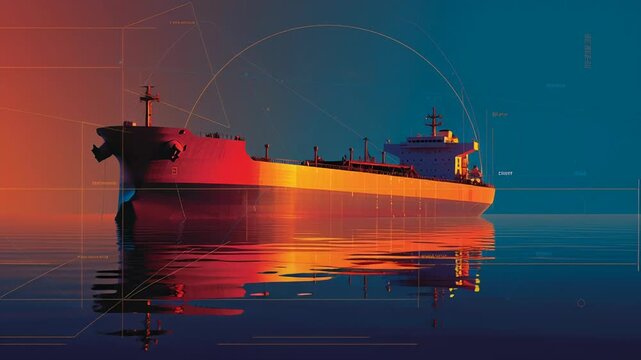 Oil shipping risk management concept, oil tanker framed by abstract security geometry, smooth gradients, clean and serious commercial illustration