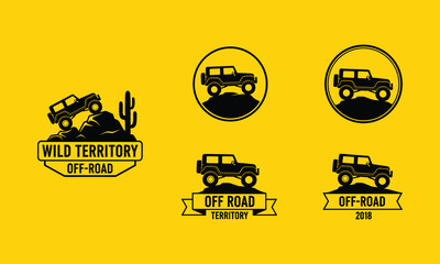 Off road vehicle adventure vector badges with mountain and desert landscaping set