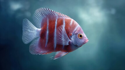 A colorful tropical discus fish with bright red vertical stripes and iridescent blue scales swims in deep water