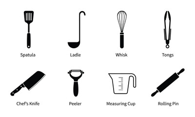 Kitchen utensil collection vector icons with labels for cooking and food prep