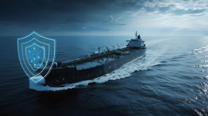 Oil shipping security concept, oil tanker protected by digital shield overlay, calm ocean background, clean composition, professional commercial editorial style - Powered by Adobe