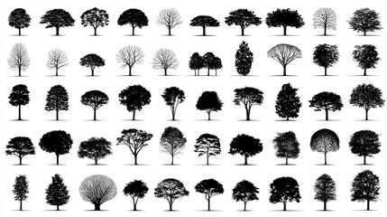 Diverse Tree Silhouette Collection in Grid Format Against White Backdrop Featuring Assorted Shapes and Sizes in a Flat Style Arrangement