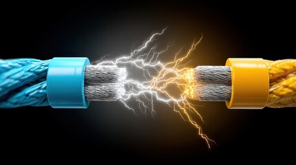 Electric Connection with Orange and Blue Cables on Black Background