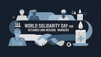 Flat vector illustration banner for World Solidarity Day for Detained and Missing Workers, featuring abstract worker silhouettes and symbolic elements such as linked hands and a candle of remembrance,
