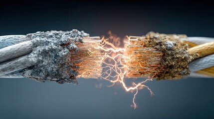 Electrical Cable Failure Showing Spark Discharge and Insulation Damage Against a Dark Blue Background in High Resolution