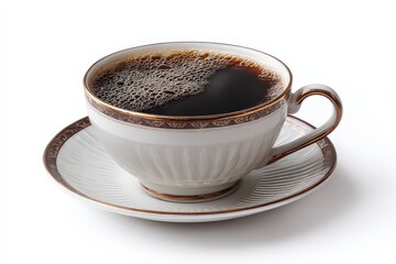 Elegant Coffee Cup and Saucer with Gold Trim on White Background