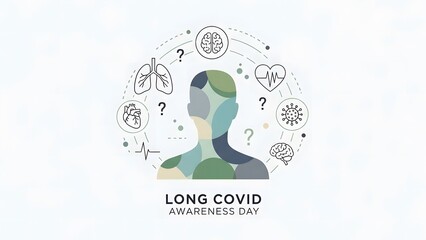 Long Covid Awareness Day awareness graphic, flat vector illustration with abstract human silhouette and health symbols, rounded minimal design, calm muted colors, professional educational concept
