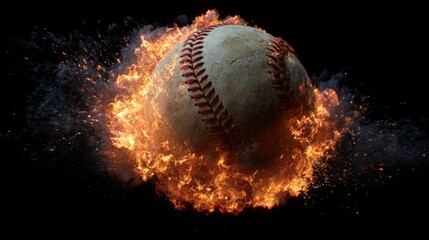 burning baseball surrounded by fire and smoke, dynamic explosive motion symbolizing power, speed, and competition