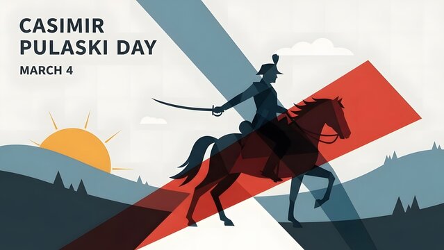 Modern flat vector poster celebrating Casimir Pulaski Day, stylized heritage illustration with symbolic cavalry reference, smooth geometric forms, clean historical design