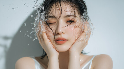 洗顔する美しい女性の美肌と清潔感。美容・コスメ・スキンケア広告用写真