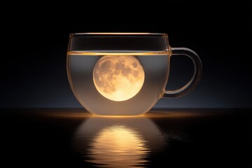 Glowing Moon Inside a Glass Cup with Water Dark Background and Reflection