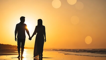Couple walking hand in hand on the beach at sunset with warm golden light