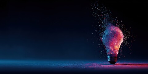 Illuminated Lightbulb Exploding With Colorful Particles Against Dark Backdrop Concept Of Innovation