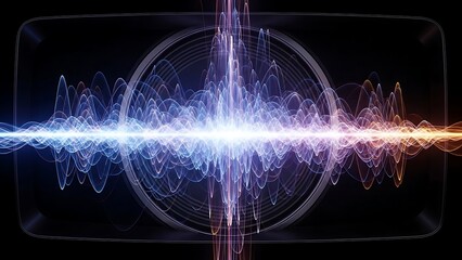 Abstract visualization of sound waves in blue and orange with a central circle graphic