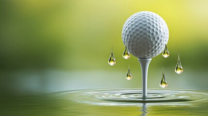 Golf Ball on Tee with Water Droplets in a Serene Green Abstract Background