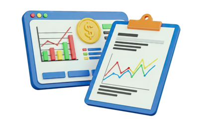 3D Infographic with Charts, Graphs, and Coin