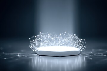 Illuminated White Polygonal Stage with Digital Network in Dark Blue Gradient Background Studio Setup
