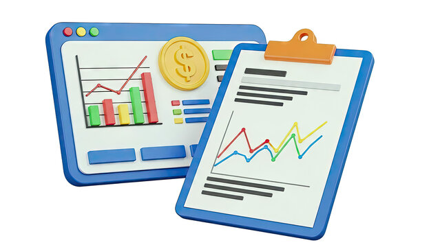 3D Infographic with Charts, Graphs, and Coin - Powered by Adobe