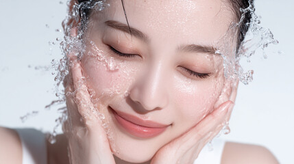 洗顔する美しい笑顔の女性の美肌と清潔感。美容・コスメ・スキンケア広告用写真