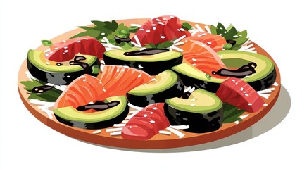 Pixel Art Plate with Salmon Avocado Rolls and Greens Isolated on White Background