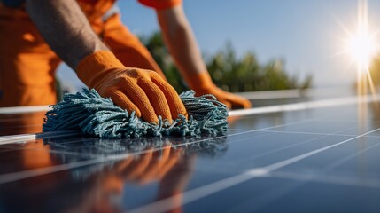 Worker Hand Using Blue Mop To Clean Large Solar Panels Under Sunlight 
