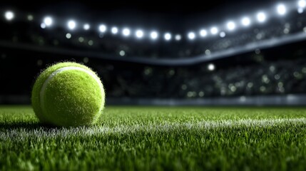 Close View Of Tennis Ball On Green Grass Under Bright Arena Spotlights 