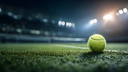 Close View Of Tennis Ball On Green Grass Under Bright Arena Spotlights 
