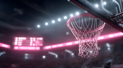 Professional Basketball Hoop And Pink Rim Inside A Modern Dark Sports Arena