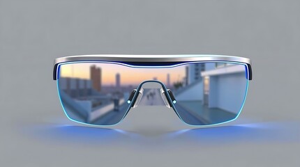 Futuristic Smart Glasses in High-Tech Workspace, Smart glasses, Virtual assistant interface projected on AR glasses in a smart office.